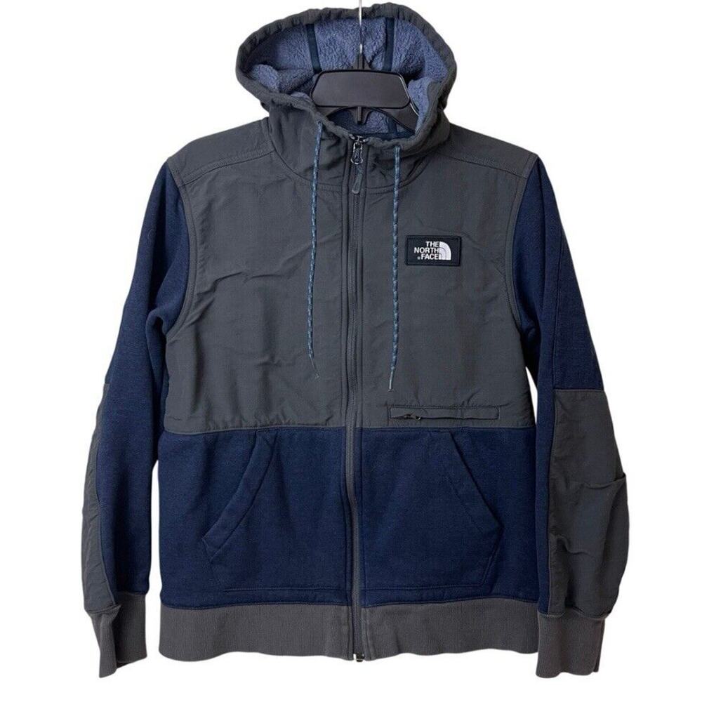 The North Face Mens Small Tundra Fleece Softshell Hoodie Navy Gray Sherpa Lined